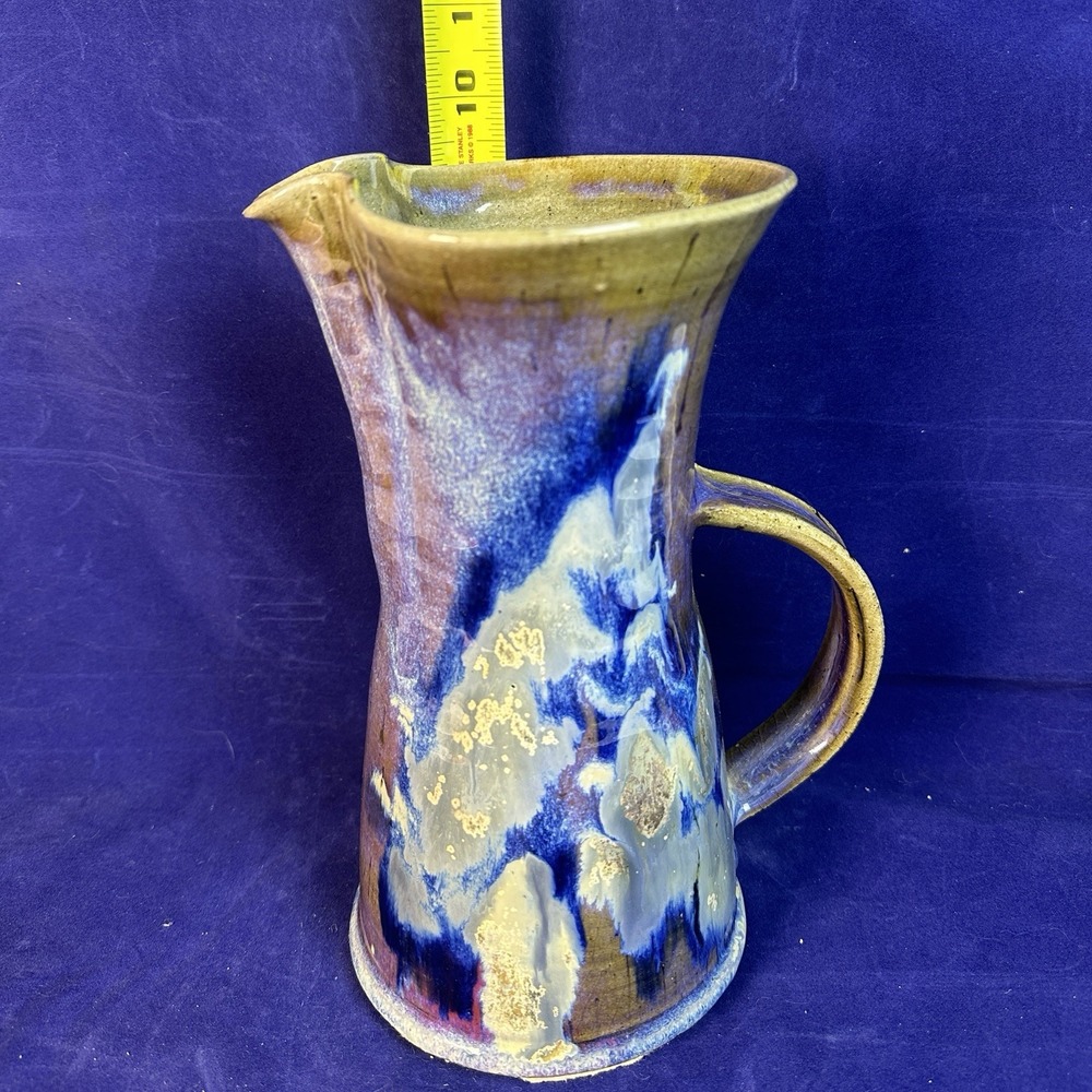 Vintage Handmade Studio Pottery Pitcher 9.5" Blue Brown Drip Glaze Art Pottery - Picture 7 of 8